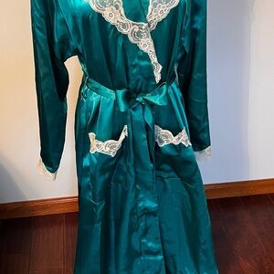 Vintage Victoria Secret Gold Label Satin Lace Robe Large Emerald Green Lingerie